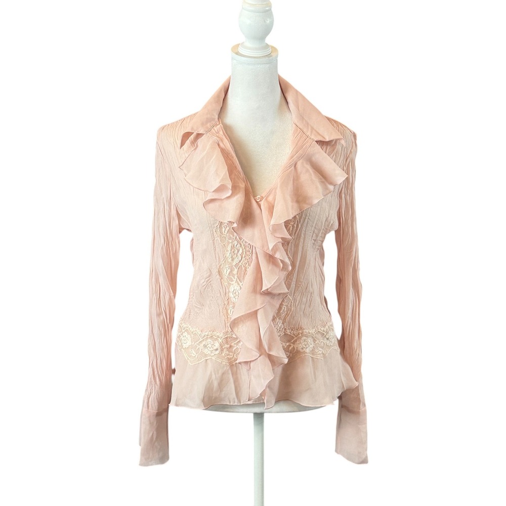 Allison Taylor Ruffle Blouse Womens Small Pink Lace Trim Crinkle Long Sleeve